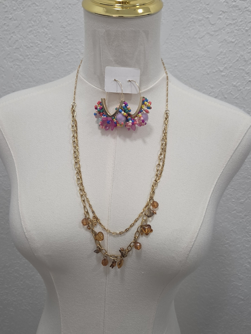 Gold-Tone Layered Necklace with Amber Bead Accents & Set Of Fun Earrings.